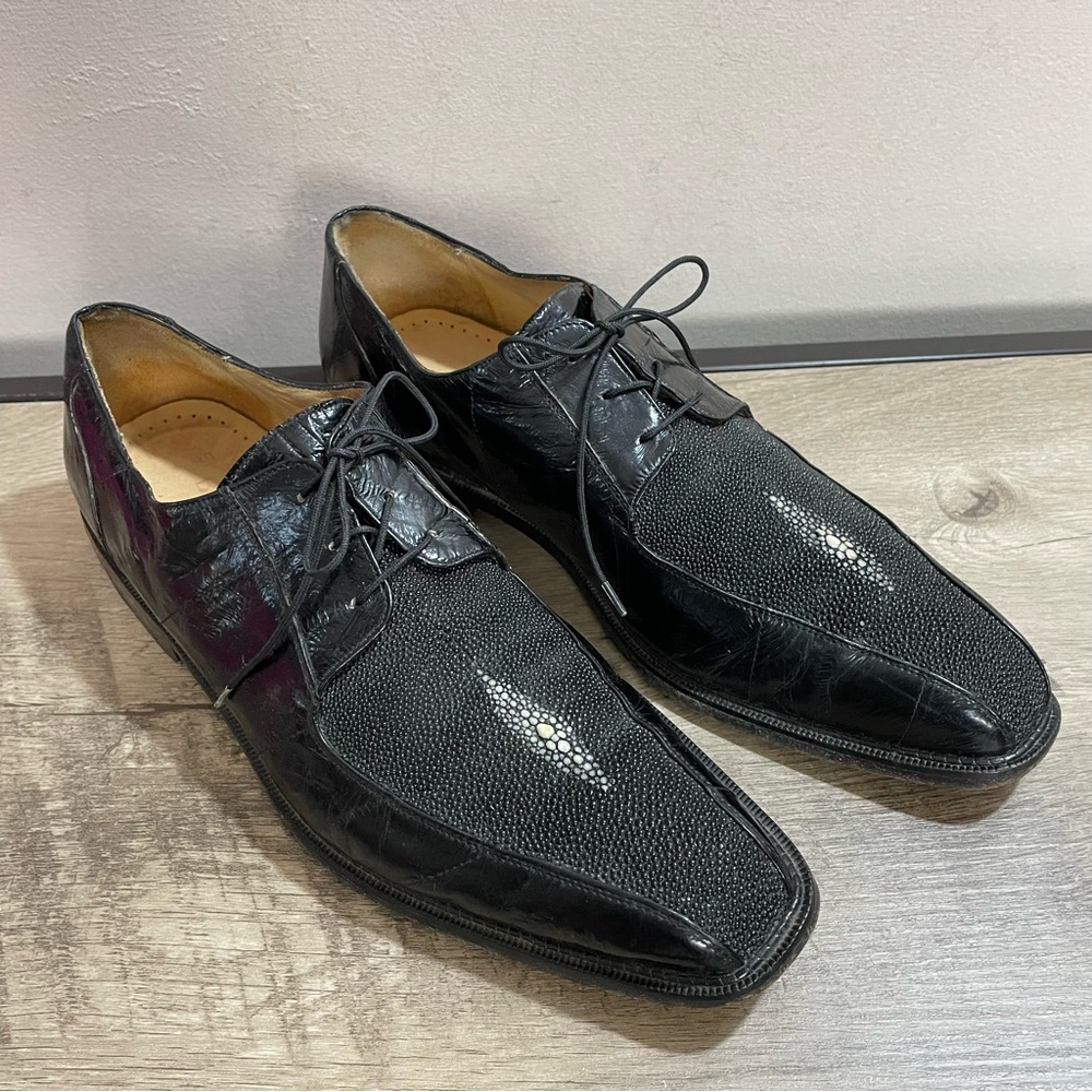Men's STUDIO BELVEDERE Black STINGRAY & EEL SKIN Dress SHOES Oxfords ITALY  10